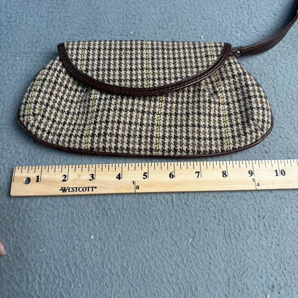 Vintage Houndstooth Wristlet Clutch Brown Tan Plaid Magnetic Snap Bag